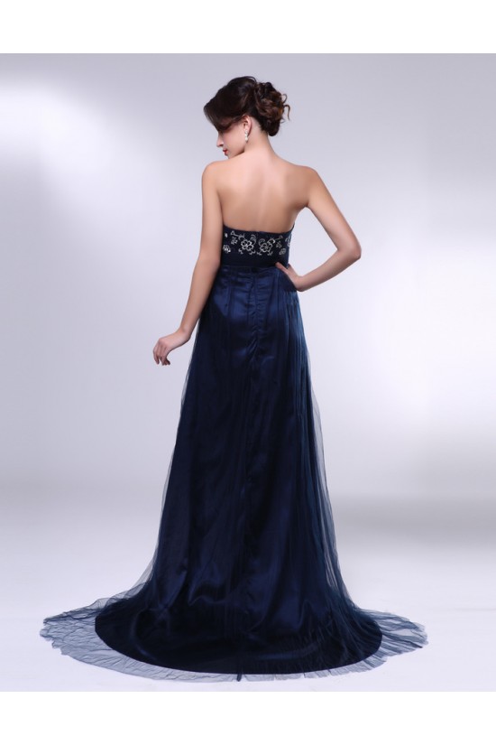 A-Line Strapless Navy Blue Long Prom Evening Formal Dresses ED010967