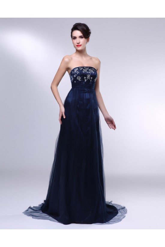 A-Line Strapless Navy Blue Long Prom Evening Formal Dresses ED010967