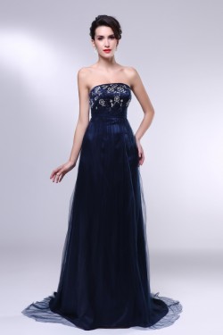 A-Line Strapless Navy Blue Long Prom Evening Formal Dresses ED010967