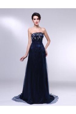 A-Line Strapless Navy Blue Long Prom Evening Formal Dresses ED010967