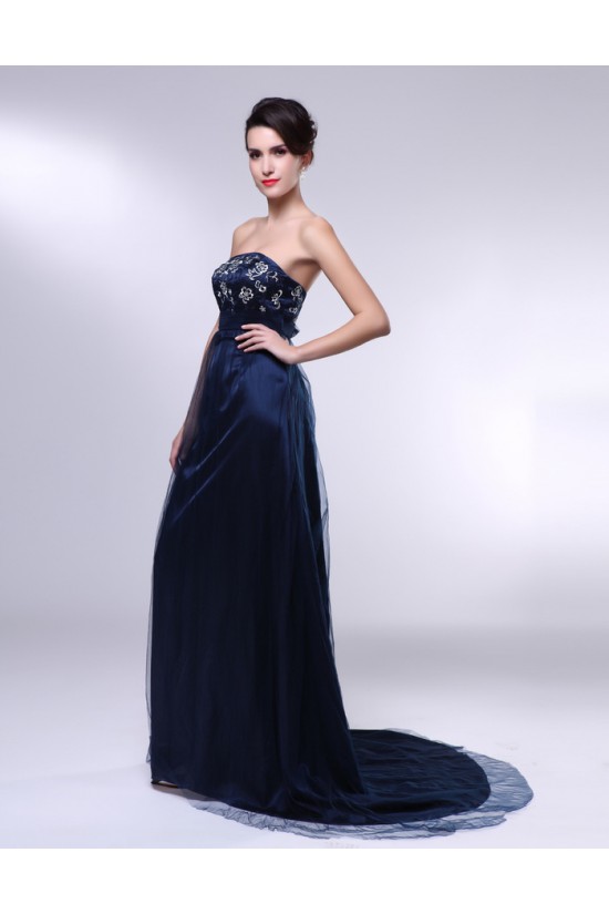 A-Line Strapless Navy Blue Long Prom Evening Formal Dresses ED010967