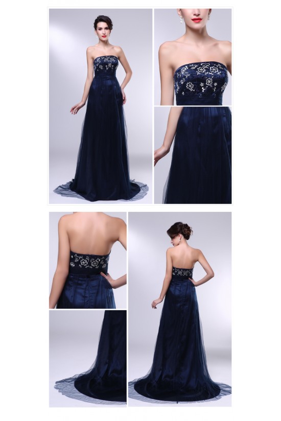 A-Line Strapless Navy Blue Long Prom Evening Formal Dresses ED010967