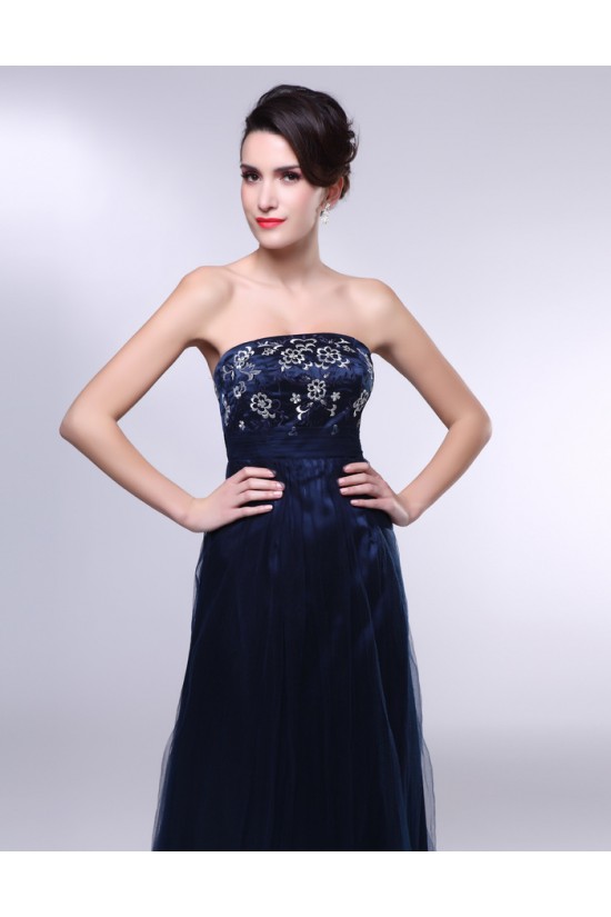 A-Line Strapless Navy Blue Long Prom Evening Formal Dresses ED010967