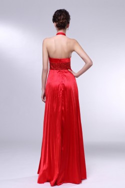 A-Line Halter Beaded Pleated Long Red Prom Evening Formal Dresses ED010970
