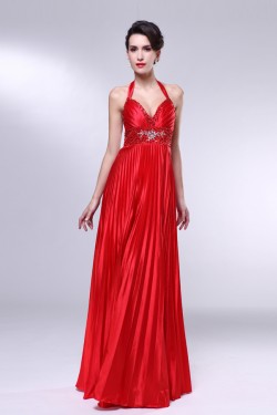 A-Line Halter Beaded Pleated Long Red Prom Evening Formal Dresses ED010970