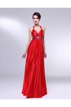 A-Line Halter Beaded Pleated Long Red Prom Evening Formal Dresses ED010970