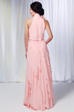 Sheath/Column High-Neck Beaded Long Pink Chiffon Prom Evening Formal Dresses ED010976