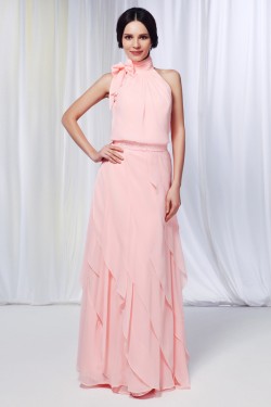 Sheath/Column High-Neck Beaded Long Pink Chiffon Prom Evening Formal Dresses ED010976