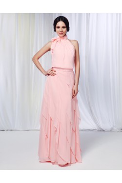 Sheath/Column High-Neck Beaded Long Pink Chiffon Prom Evening Formal Dresses ED010976