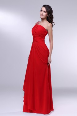 A-Line One-Shoulder Beaded Long Red Chiffon Prom Evening Formal Dresses ED010977
