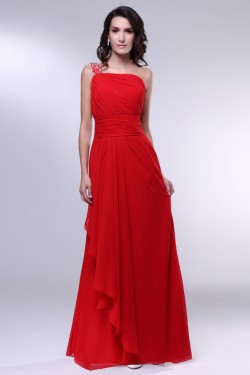 A-Line One-Shoulder Beaded Long Red Chiffon Prom Evening Formal Dresses ED010977