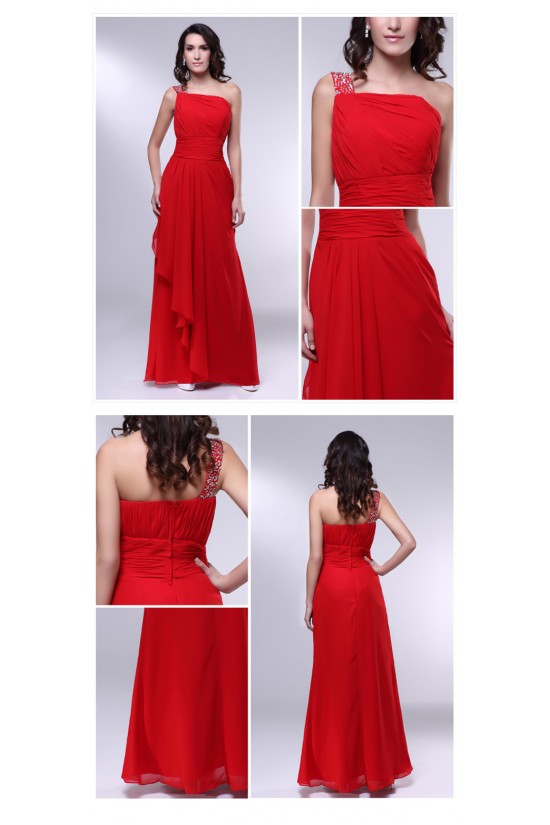 A-Line One-Shoulder Beaded Long Red Chiffon Prom Evening Formal Dresses ED010977