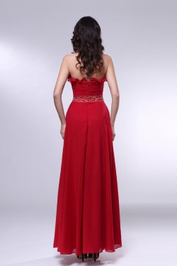 A-Line Strapless Beaded Long Red Chiffon Prom Evening Formal Dresses ED010979