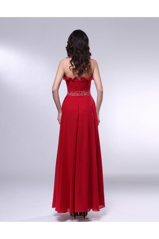 A-Line Strapless Beaded Long Red Chiffon Prom Evening Formal Dresses ED010979