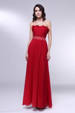 A-Line Strapless Beaded Long Red Chiffon Prom Evening Formal Dresses ED010979