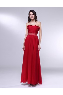 A-Line Strapless Beaded Long Red Chiffon Prom Evening Formal Dresses ED010979