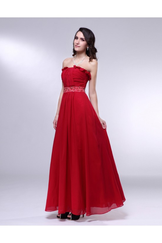 A-Line Strapless Beaded Long Red Chiffon Prom Evening Formal Dresses ED010979