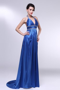 A-Line Halter Beaded Long Blue Prom Evening Formal Dresses ED010981