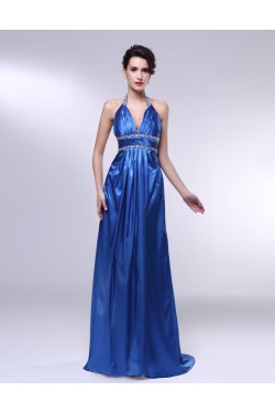 A-Line Halter Beaded Long Blue Prom Evening Formal Dresses ED010981