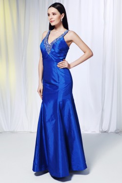 Trumpet/Mermaid V-Neck Beaded Long Blue Prom Evening Formal Dresses ED010982