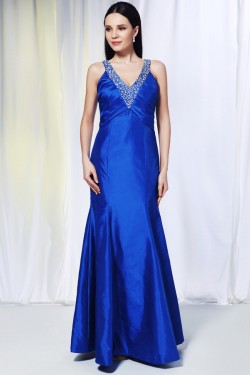 Trumpet/Mermaid V-Neck Beaded Long Blue Prom Evening Formal Dresses ED010982