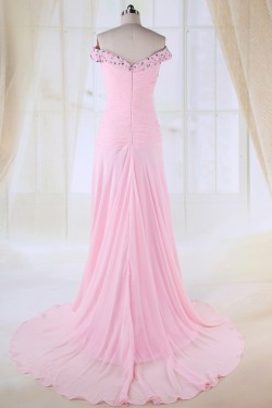 Sheath Split-Front Off-the-Shoulder Beaded Long Pink Chiffon Prom Evening Formal Dresses ED010983