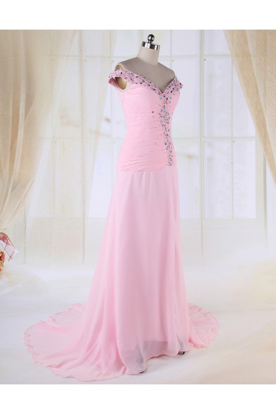Sheath Split-Front Off-the-Shoulder Beaded Long Pink Chiffon Prom Evening Formal Dresses ED010983