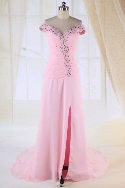 Sheath Split-Front Off-the-Shoulder Beaded Long Pink Chiffon Prom Evening Formal Dresses ED010983