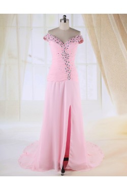 Sheath Split-Front Off-the-Shoulder Beaded Long Pink Chiffon Prom Evening Formal Dresses ED010983