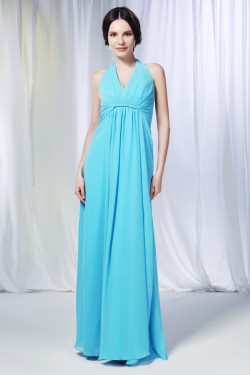 Sheath/Column Halter Long Blue Chiffon Prom Evening Formal Dresses Bridesmaid Dresses ED010998