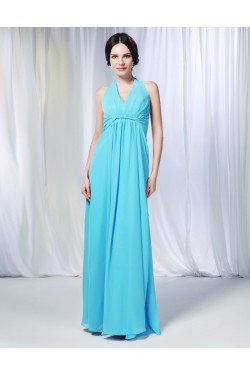 Sheath/Column Halter Long Blue Chiffon Prom Evening Formal Dresses Bridesmaid Dresses ED010998