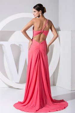 A-Line Beading One-Shoulder Puddle Train Chiffon Long Prom/Formal Evening Dresses 02020004