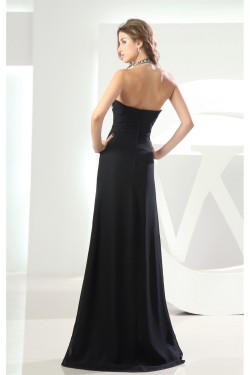 A-Line Brush Sweep Train Halter Chiffon Long Black Prom Evening Formal Dresses 02020007
