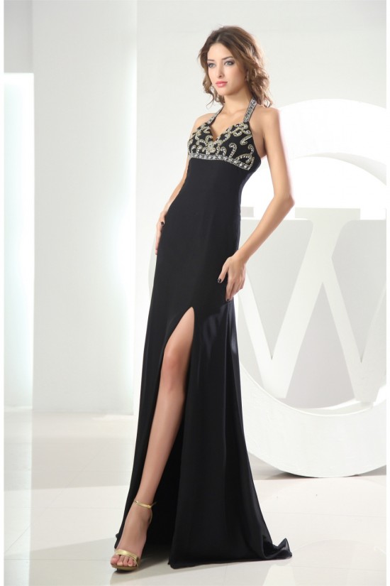 A-Line Brush Sweep Train Halter Chiffon Long Black Prom Evening Formal Dresses 02020007 A-Line Brush Sweep Train Halter Chiffon Long Black Prom Evening Formal Dresses 02020007
