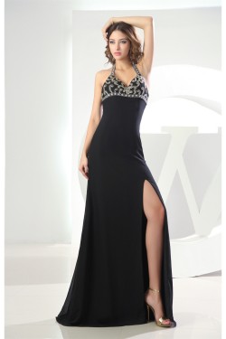 A-Line Brush Sweep Train Halter Chiffon Long Black Prom Evening Formal Dresses 02020007