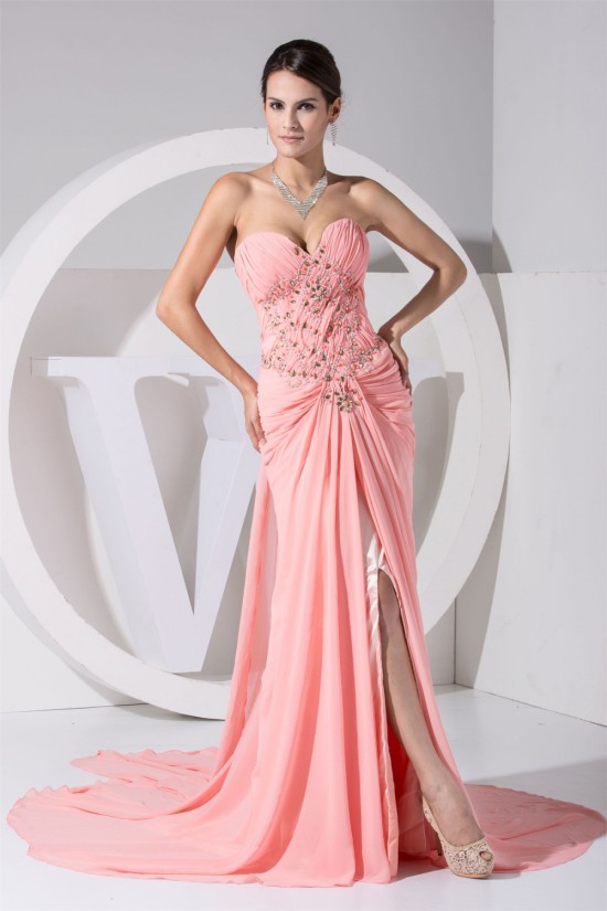 Sheath/Column Chiffon Court Train Long Pink Prom/Formal Evening Dresses 02020009