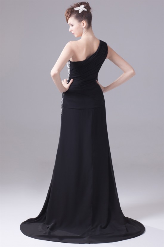 A-Line Chiffon One-Shoulder Beaded Long Black Prom/Formal Evening Dresses 02020011 A-Line Chiffon One-Shoulder Beaded Long Black Prom/Formal Evening Dresses 02020011