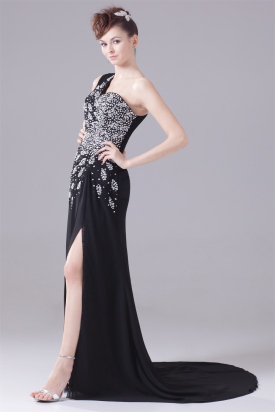 A-Line Chiffon One-Shoulder Beaded Long Black Prom/Formal Evening Dresses 02020011 A-Line Chiffon One-Shoulder Beaded Long Black Prom/Formal Evening Dresses 02020011