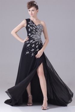A-Line Chiffon One-Shoulder Beaded Long Black Prom/Formal Evening Dresses 02020011