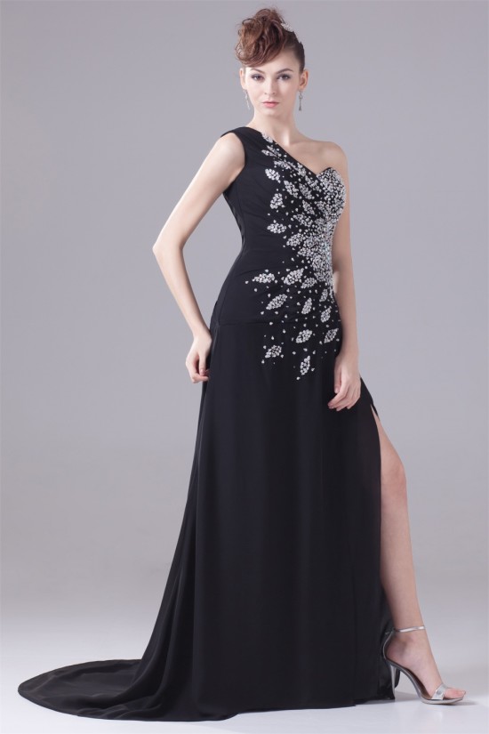 A-Line Chiffon One-Shoulder Beaded Long Black Prom/Formal Evening Dresses 02020011 A-Line Chiffon One-Shoulder Beaded Long Black Prom/Formal Evening Dresses 02020011
