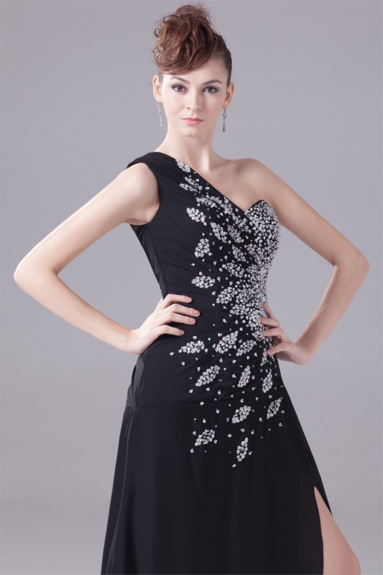 A-Line Chiffon One-Shoulder Beaded Long Black Prom/Formal Evening Dresses 02020011 A-Line Chiffon One-Shoulder Beaded Long Black Prom/Formal Evening Dresses 02020011
