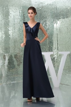 A-Line Falbala Silk like Satin V-Neck Long Evening Formal Bridesmaid Dresses 02020016