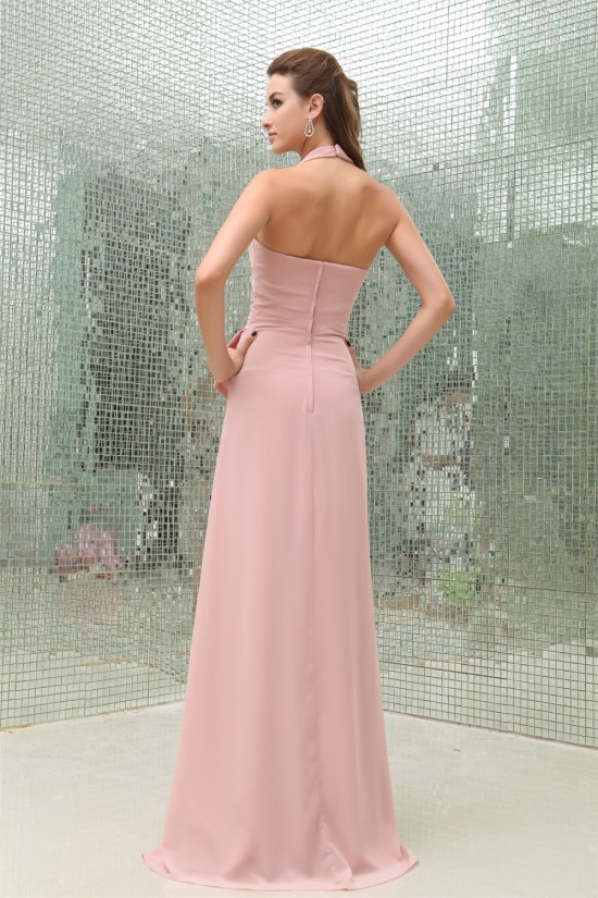Affordable Sheath/Column Pleats Halter Floor-Length Chiffon Long Pink Evening Formal Bridesmaid Dresses 02020025