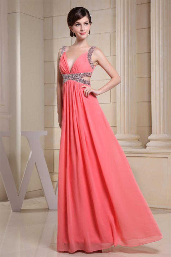 A-Line Ruffles Chiffon V-Neck Sequins Long Prom/Formal Evening Dresses 02020027