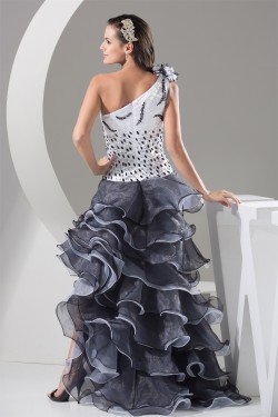 A-Line Sleeveless Beading Organza One-Shoulder Black White Prom/Formal Evening Dresses 02020032