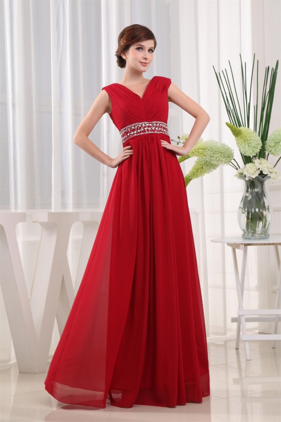 A-Line V-Neck Beading Floor-Length Sleeveless Long Red Prom Evening Bridesmaid Dresses 02020049