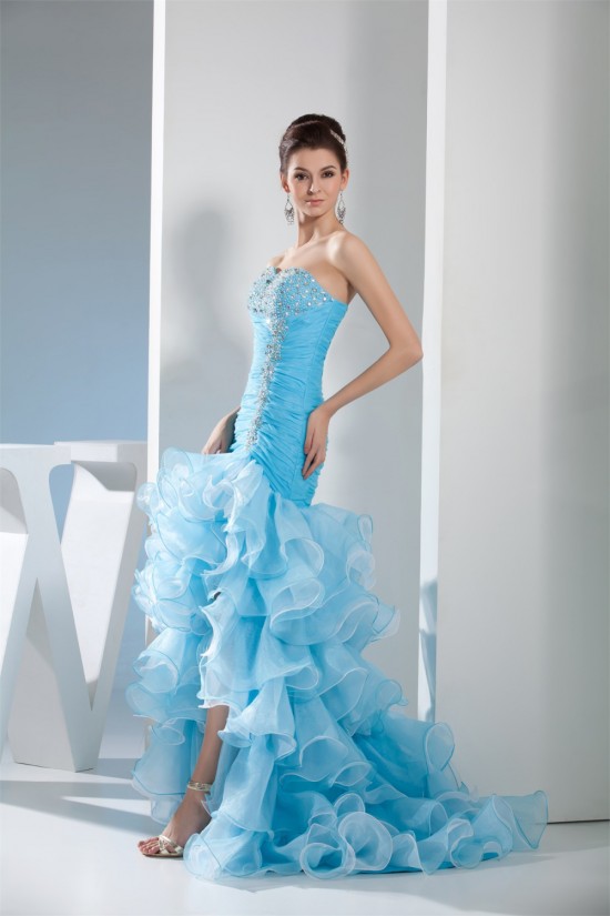 Asymmetrical Strapless Satin Organza Sleeveless Prom/Formal Evening Dresses 02020062