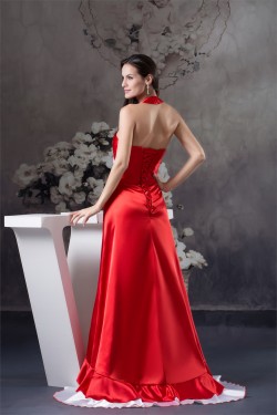 Beading Brush Sweep Train A-Line Halter Long Red Prom/Formal Evening Dresses 02020069