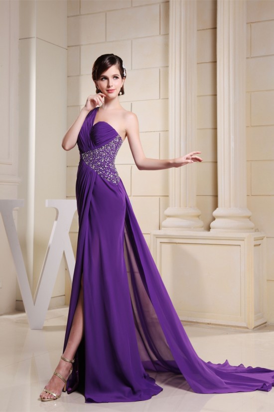 Beading One-Shoulder Long Purple Chiffon Prom/Formal Evening Dresses 02020080