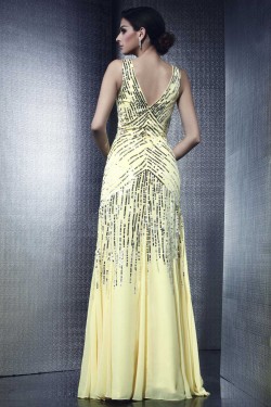 V-Neck Sequins Long Chiffon Prom Evening Party Dresses 02021003